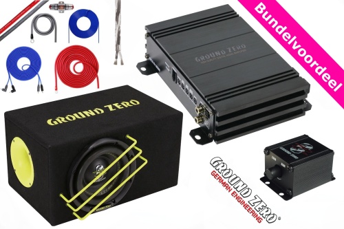1000W Ground Zero compacte 8'' Subwoofer Kist + Monoblock + Bass Controller + Kabelset